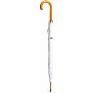 A white umbrella with a wooden handle and a black logo on the sleeve, featuring a curved top.