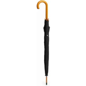 A black umbrella with a wooden handle, featuring a curved design and a compact profile.
