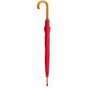A red umbrella with a wooden handle and black logo at the base, standing upright against a plain background.