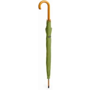 A green umbrella with a wooden handle, closed and standing upright. It features a logo near the base.
