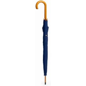 A navy blue umbrella with a wooden handle, featuring a simple design and no visible branding.
