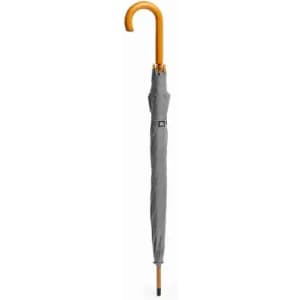 A grey umbrella with a curved wooden handle and a matching sheath, featuring a branding logo.