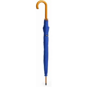 A blue umbrella with a wooden handle. The umbrella is closed, featuring a logo on the fabric.