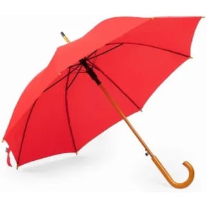 A red umbrella with a curved wooden handle and black detailing. It has a sleek design and a sturdy frame.
