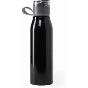 A drink bottle in sleek black with a grey lid and a handle, featuring a logo on the body.