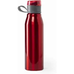 A drink bottle in shiny red metal with a grey lid and a handle. It has a sleek design and a logo.