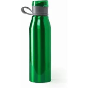 A drink bottle in bright green with a grey lid, featuring a logo on the side.