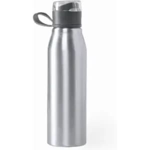A drink bottle in a sleek stainless steel finish with a black cap and a loop for carrying.