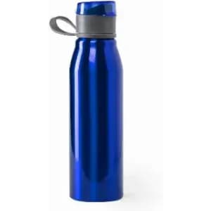 A drink bottle in shiny blue with a grey lid and a loop for carrying. It features a simple design.
