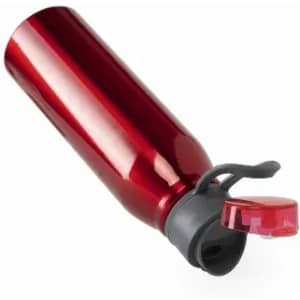 A drink bottle in shiny red with a black cap and a flip-top spout, featuring a logo on the side.
