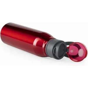 A drink bottle in vibrant red, with a black screw top lid partially removed, showcasing its sleek design.
