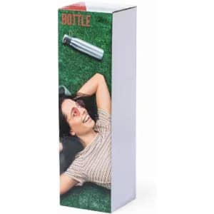 A drink bottle displayed in a tall box, featuring a smiling woman outdoors and a green background. The bottle appears metallic.