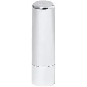 A drink bottle in a sleek white design with a chrome finish and a logo on the body.