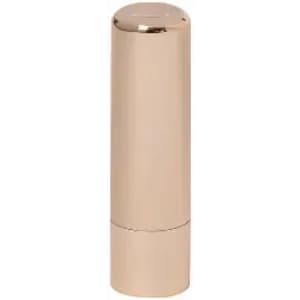 A drink bottle in a sleek, metallic rose gold finish, featuring a cylindrical design and a logo on the cap.