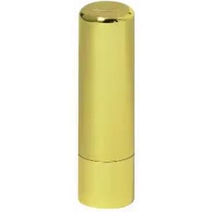 A drink bottle in a sleek, shiny gold finish with a cylindrical shape and a top cap. It features a logo branding.