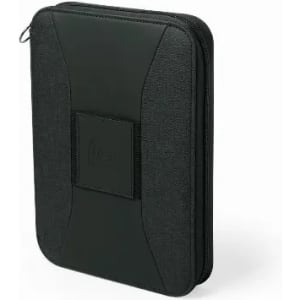 A zipped black and grey tablet case with a textured surface and a central logo area.