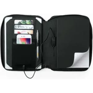 A black zippered portfolio featuring a notepad, pen, card slots, and a phone holder.