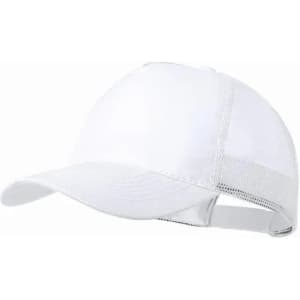 A white cap featuring a solid front and mesh back, with an adjustable strap at the rear.