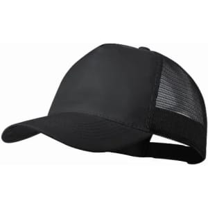 A black cap with a mesh back and curved brim, featuring a logo on the front.