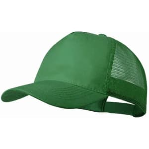 A green cap with a solid front and a mesh back for breathability. It features an adjustable strap at the back.