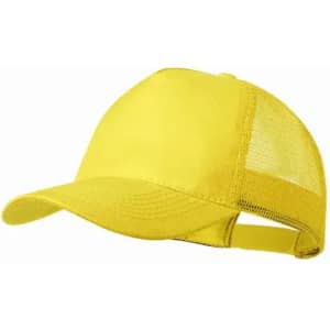 A yellow cap with a mesh back and an adjustable strap. It features a solid colour design.