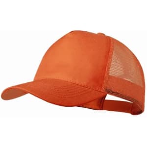 An orange cap with a mesh back and adjustable strap. Features a solid front panel and curved brim.
