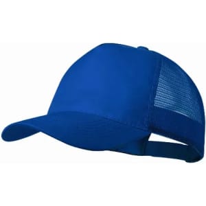A blue cap featuring a solid fabric front and a mesh back for breathability.