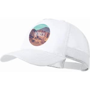 A white cap with a mesh back, featuring a circular graphic of a landscape. The cap has a branded logo.
