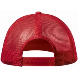 A red cap featuring a mesh back and an adjustable strap, showcasing a solid colour design.
