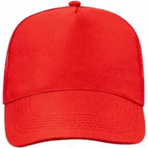 A bright red cap with a curved brim and a structured crown. It features a mesh back and has a logo on the front.