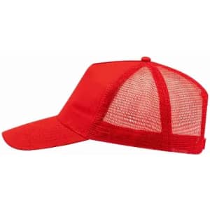 A red mesh cap featuring a solid front panel and a mesh back, with a curved brim and an adjustable strap.