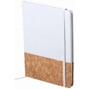 A notebook with a white top and cork bottom, featuring an elastic band to keep it closed.