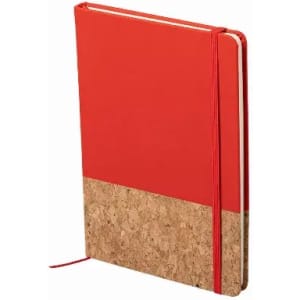 A notebook with a vibrant red cover and a cork bottom, featuring an elastic band for closure.