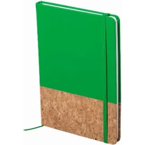 A green notebook with a cork bottom and an elastic band. It has a smooth cover and a ribbon marker.