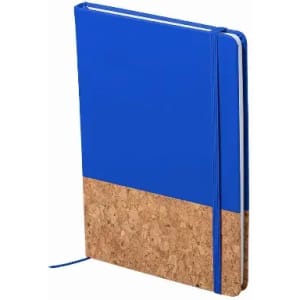 A notebook with a blue cover and a cork bottom, featuring an elastic band for closure.