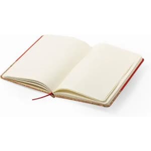 An open notebook with blank pages and a red cover. The notebook features a ribbon bookmark.