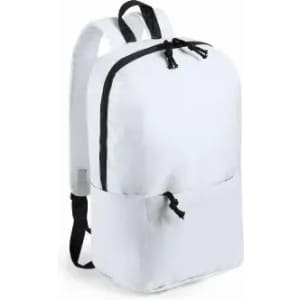 A white backpack with a black zip and straps featuring a front pocket for extra storage.