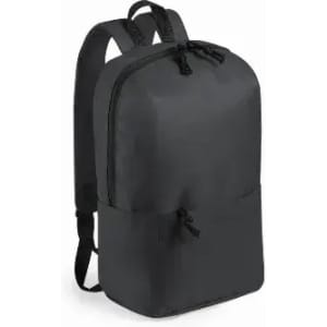 A black backpack with a sleek design and adjustable straps, featuring a front pocket with a drawstring closure.