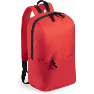 A red backpack with a sleek design, featuring black straps and a front pocket with drawstring closure.