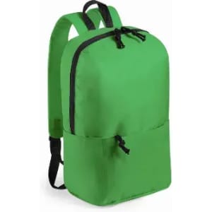 A green backpack with a top zip closure and a front pocket. It features black straps and detailing.