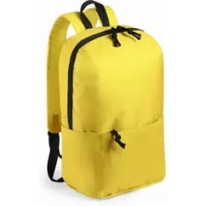 A yellow backpack with a top zip and a front pocket, featuring black straps and detailing.