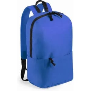 A blue backpack with a zippered top and front pocket, featuring adjustable straps and a sleek design.