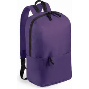 A backpack in a vibrant purple colour with black zippers and adjustable straps. It features a front pocket.