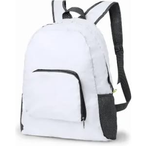 A backpack in white with grey accents and a front zip pocket, featuring adjustable shoulder straps.