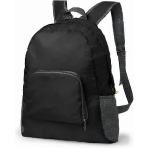 A black backpack with a front pocket and grey mesh detailing on the sides. It features adjustable straps.