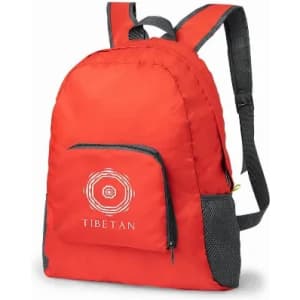 A red backpack with a front pocket, grey accents, and a logo on the front.