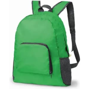 A green backpack with a front pocket and black mesh side pockets. It features adjustable straps.