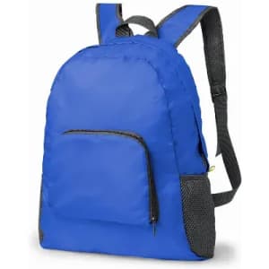 A blue backpack with a front pocket and mesh side pockets, featuring adjustable straps.