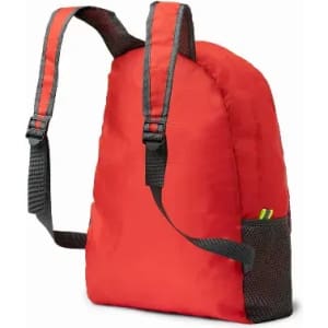 A red backpack with black straps and a side pocket. It has a simple, sleek design suitable for everyday use.
