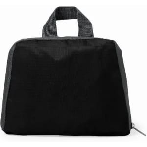 A black travel bag with a grey handle, featuring a sleek, minimalist design. It has a logo on the front.